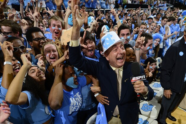 Mar 9, 2013; Chapel Hill, NC, USA; ESPN sportscaster Dick Vitale with North Carolina Tar Heels fans before the game at the Dean E. Smith Center. Mandatory Credit: Bob Donnan-USA TODAY Sports