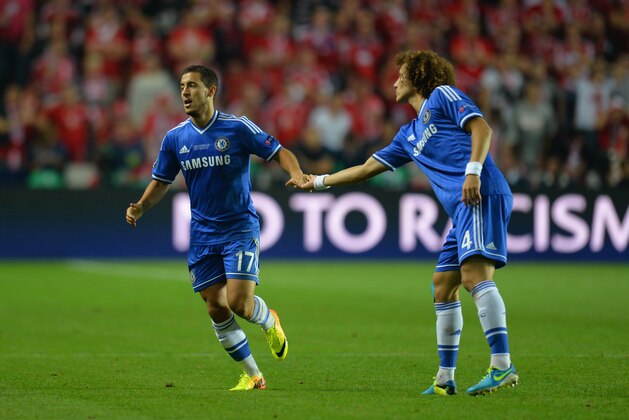 PRAGUE, CZECH REPUBLIC - AUGUST 30:  David Luiz of Chelsea congratulates Eden Hazard of Chelsea on scoring their second goal during the UEFA Super Cup between Bayern Muenchen and Chelsea at Stadion Eden on August 30, 2013 in Prague, Czech Republic.  (Photo by Shaun Botterill/Getty Images)