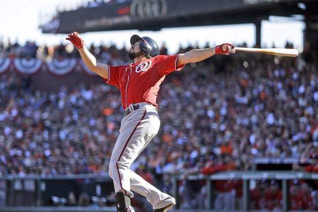 Washington Nationals Anthony Rendon pops out in the sixth inning against the San Francisco Giants during Game 3 of baseball's NL Division Series in San Francisco, Monday, Oct. 6, 2014. (AP Photo/Ben Margot)