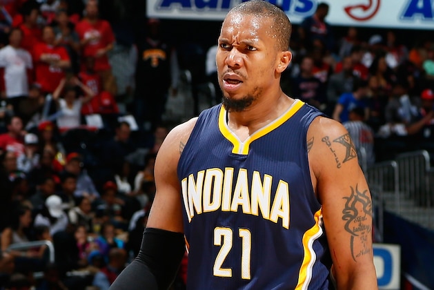 ATLANTA, GA - JANUARY 21:  David West #21 of the Indiana Pacers reacts as he walks to the bench during the game against the Atlanta Hawks at Philips Arena on January 21, 2015 in Atlanta, Georgia.  NOTE TO USER: User expressly acknowledges and agrees that, by downloading and or using this photograph, User is consenting to the terms and conditions of the Getty Images License Agreement.  (Photo by Kevin C. Cox/Getty Images)