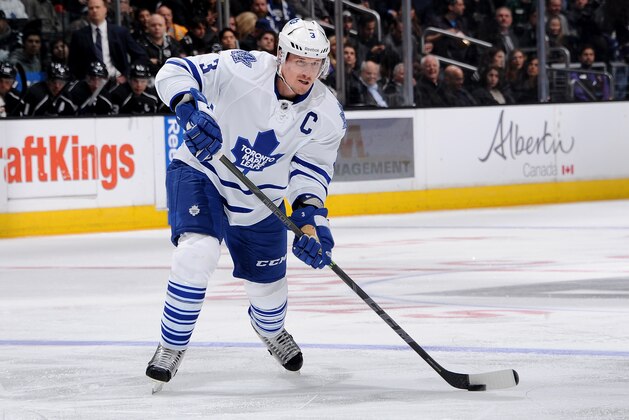 LOS ANGELES, CA - JANUARY 12: Dion Phaneuf #3 of the Toronto Maple Leafs handles the puck during a game against the Los Angeles Kings at STAPLES Center on January 12, 2015 in Los Angeles, California. (Photo by Juan Ocampo/NHLI via Getty Images)