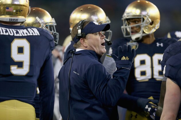 NASHVILLE, TN - DECEMBER 30:  Brian Kelly the head coach of the Notre Dame Fighting Irish gives instructions to his team during the Franklin American Mortgage Music City Bowl against the LSU Tigers at LP Field on December 30, 2014 in Nashville, Tennessee.  (Photo by Andy Lyons/Getty Images)