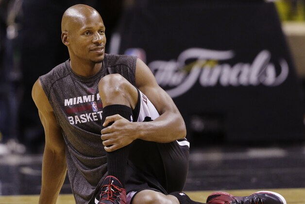 Miami Heat guard Ray Allen warms up during basketball practice on Wednesday, June 4, 2014 in San Antonio. They play Game 1 of the NBA Finals against the San Antonio Spurs on Thursday. (AP Photo/Eric Gay)