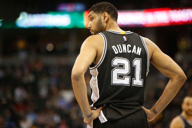 Jan 20, 2015; Denver, CO, USA; San Antonio Spurs forward Tim Duncan (21) during the game against the Denver Nuggets at Pepsi Center. Mandatory Credit: Chris Humphreys-USA TODAY Sports Jan 20, 2015; Denver, CO, USA; San Antonio Spurs forward Tim Duncan (21) during the game against the Denver Nuggets at Pepsi Center. Mandatory Credit: Chris Humphreys-USA TODAY Sports