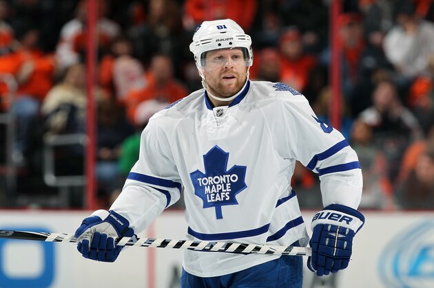 PHILADELPHIA, PA - JANUARY 31:  Phil Kessel #81 of the Toronto Maple Leafs looks on against the Philadelphia Flyers on January 31, 2015 at the Wells Fargo Center in Philadelphia, Pennsylvania.  (Photo by Len Redkoles/NHLI via Getty Images)