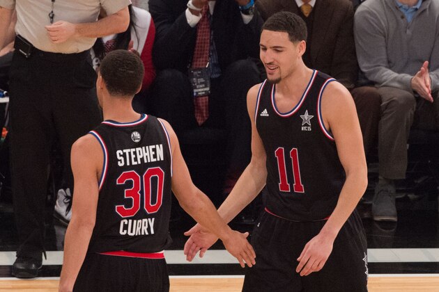 February 15, 2015; New York, NY, USA; Western Conference guard Klay Thompson of the Golden State Warriors (11) high-fives guard Stephen Curry of the Golden State Warriors (30) during the 2015 NBA All-Star Game against the Eastern Conference at Madison Square Garden. Mandatory Credit: Kyle Terada-USA TODAY Sports