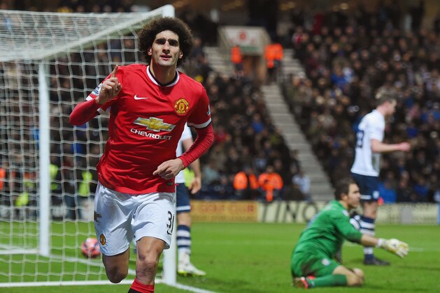 PRESTON, ENGLAND - FEBRUARY 16:  Marouane Fellaini of Manchester United celebrates scoring their second goal during the FA Cup Fifth round match between Preston North End and Manchester United at Deepdale on February 16, 2015 in Preston, England  (Photo by Michael Regan/Getty Images)