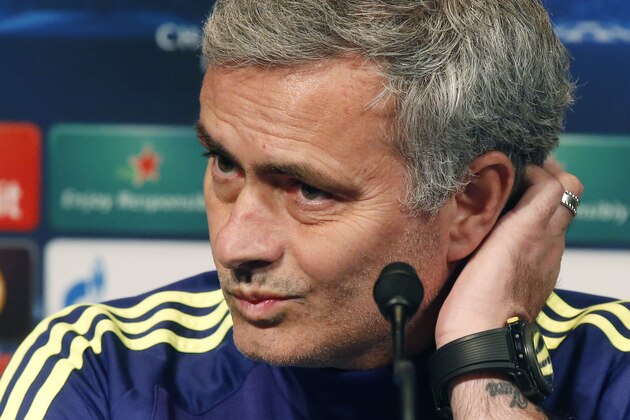 Chelsea FC coach Jose Mourinho listening to a question during a press conference at Parc des Princes stadium in Paris,  Monday, Feb. 16, 2015. Paris Saint Germain will face Chelsea FC in a Champions League soccer match on Tuesday, Feb. 17, 2015. (AP Photo/Michel Euler)