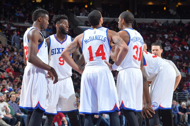 PHILADELPHIA, PA - FEBRUARY 9:  Members of the Philadelphia 76ers gather during a break in play against the Golden State Warriors at Wells Fargo Center on February 9, 2015 in Philadelphia, Pennsylvania NOTE TO USER: User expressly acknowledges and agrees that, by downloading and/or using this Photograph, user is consenting to the terms and conditions of the Getty Images License Agreement. Mandatory Copyright Notice: Copyright 2015 NBAE (Photo by Jesse D. Garrabrant/NBAE via Getty Images)