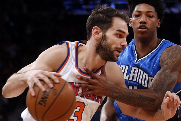 New York Knicks' Jose Calderon (3), of Spain, drives against Orlando Magic's Elfrid Payton, right, during the first quarter of an NBA basketball game Friday, Jan. 23, 2015, in New York.  New York defeated Orlando 113-106. (AP Photo/Jason DeCrow)