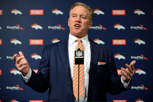 Jan 20, 2015; Englewood, CO, USA; Denver Broncos executive vice president of football operations/general manager John Elway speaks to the media at the Broncos training facility. Mandatory Credit: Ron Chenoy-USA TODAY Sports