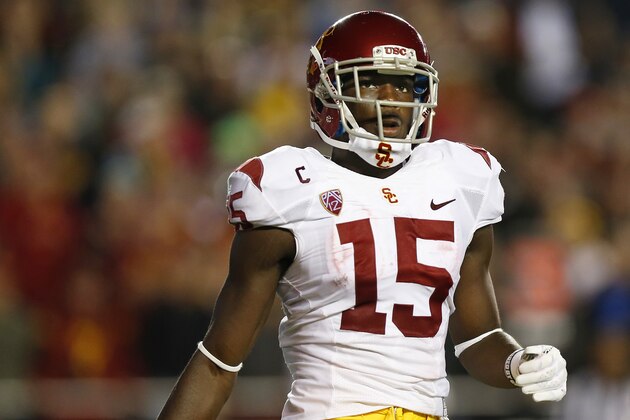 CHESTNUT HILL, MA - SEPTEMBER 13:  Wide receiver Nelson Agholor #15 of the USC Trojans during the first half against the Boston College Eagles at Alumni Stadium on September 13, 2014 in Chestnut Hill, Massachusetts.  (Photo by Winslow Townson/Getty Images)