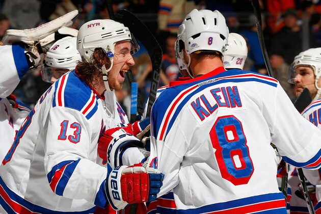 UNIONDALE, NY - FEBRUARY 16: Kevin Hayes #13 and Kevin Klein #8 of the New York Rangers celebrate their win after the game against the New York Islanders at Nassau Veterans Memorial Coliseum on February 16, 2015 in Uniondale, New York. The Rangers defeated the Islanders 6-5.  (Photo by Mike Stobe/NHLI via Getty Images)