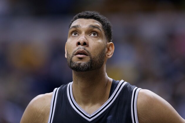 INDIANAPOLIS, IN - FEBRUARY 09:  Tim Duncan #21 of the San Antonio Spurs watches the action during the game against the Indiana Pacers at Bankers Life Fieldhouse on February 9, 2015 in Indianapolis, Indiana.  NOTE TO USER: User expressly acknowledges and agrees that, by downloading and or using this Photograph, user is consenting to the terms and conditions of the Getty Images License Agreement.  (Photo by Andy Lyons/Getty Images)