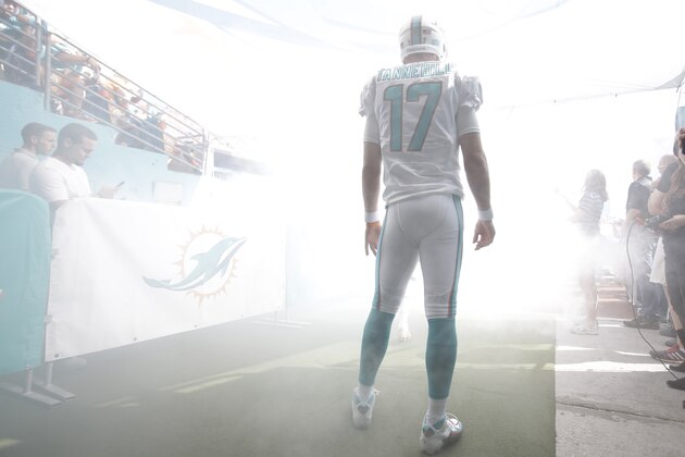 Miami Dolphins quarterback Ryan Tannehill (17) wait to be introduced before an NFL football game against the New York Jets, Sunday, Dec. 28, 2014, in Miami Gardens, Fla. (AP Photo/Wilfredo Lee)