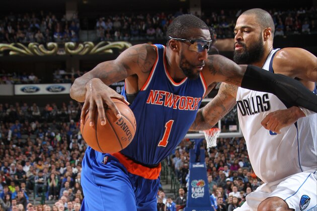 DALLAS, TX - NOVEMBER 26:  Amar'e Stoudemire #1 of the New York Knicks drives to the basket against the Dallas Mavericks on November 26, 2014 at the American Airlines Center in Dallas, Texas. NOTE TO USER: User expressly acknowledges and agrees that, by downloading and or using this photograph, User is consenting to the terms and conditions of the Getty Images License Agreement. Mandatory Copyright Notice: Copyright 2014 NBAE (Photo by Danny Bollinger/NBAE via Getty Images)