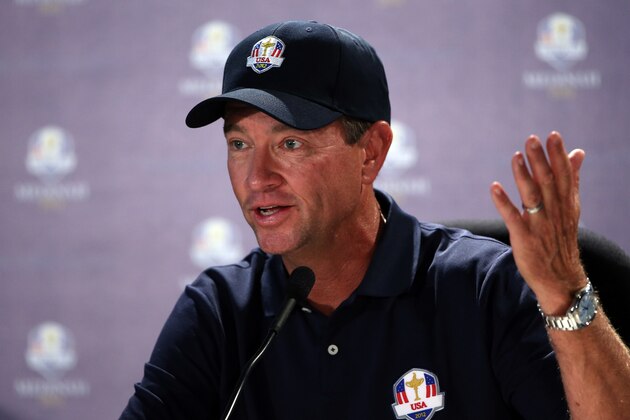 MEDINAH, IL - SEPTEMBER 25:  USA team captain Davis Love III addresses the media during his press conference on the second preview day of The 39th Ryder Cup at Medinah Country Golf Club on September 25, 2012 in Medinah, Illinois.  (Photo by Ross Kinnaird/Getty Images)