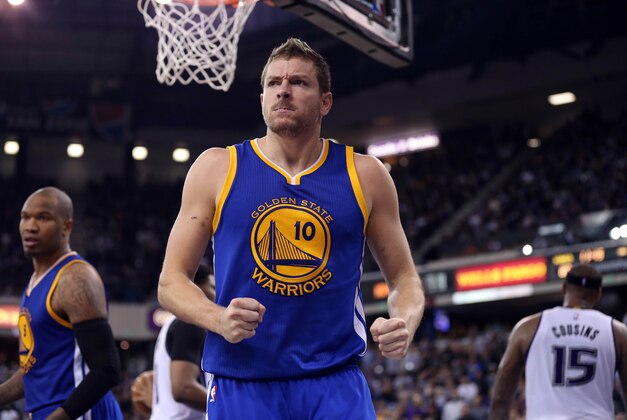 Feb 3, 2015; Sacramento, CA, USA; Golden State Warriors forward David Lee (10) reacts after being called for a foul against the Sacramento Kings during the fourth quarter at Sleep Train Arena. The Golden State Warriors defeated the Sacramento Kings 121-96. Mandatory Credit: Kelley L Cox-USA TODAY Sports