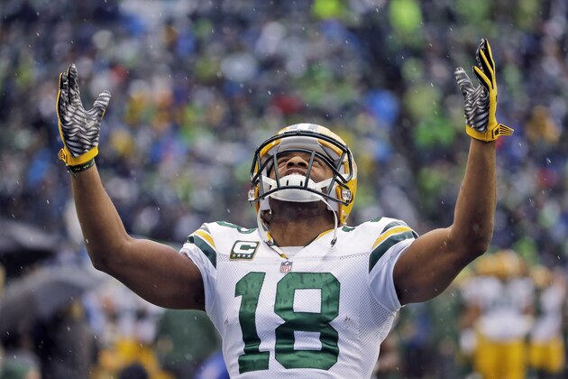 Green Bay Packers' Randall Cobb looks up before the NFL football NFC Championship game against the Seattle Seahawks Sunday, Jan. 18, 2015, in Seattle. (AP Photo/Elaine Thompson)