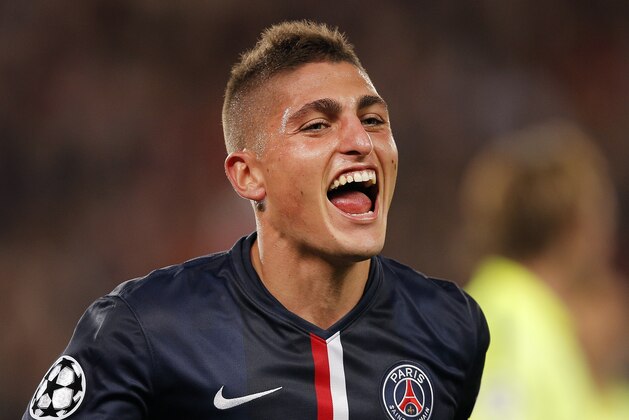 PSG's Marco Verratti celebrates after scoring his side's second goal during the Champions League soccer match between PSG and Barcelona, at the Parc des Princes stadium, in Paris, Tuesday, Sept. 30, 2014. (AP Photo/Christophe Ena) PSG's Marco Verratti celebrates after scoring his side's second goal during the Champions League soccer match between PSG and Barcelona, at the Parc des Princes stadium, in Paris, Tuesday, Sept. 30, 2014. (AP Photo/Christophe Ena)