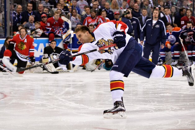 COLUMBUS, OH - JANUARY 24:  Aaron Ekblad #5 of the Florida Panthers and Team Toews competes in the AMP NHL Hardest Shot event of the 2015 Honda NHL All-Star Skills Competition at Nationwide Arena on January 24, 2015 in Columbus, Ohio.  (Photo by Jamie Sabau/NHLI via Getty Images)