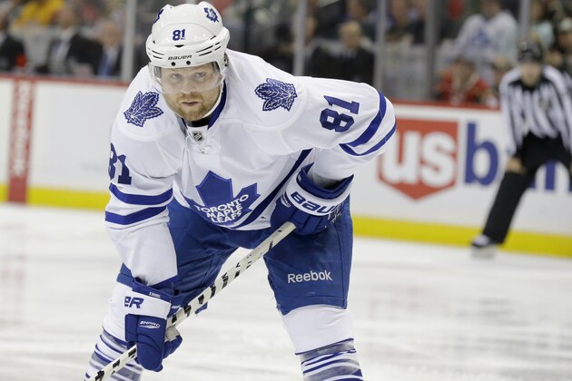 Toronto Maple Leafs right wing Phil Kessel (81) gets into position for a face-off during the second period of an NHL hockey game against the Minnesota Wild in St. Paul, Minn., Friday, Jan. 2, 2015. (AP Photo/Ann Heisenfelt)