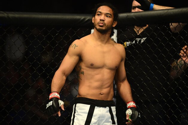 Feb 14, 2015; Broomfield, CO, USA; Benson Henderson (red) before the fight against Brandon Thatch (not pictured) in the welterweight bout at the UFC Fight Night at the 1stBANK Center. Mandatory Credit: Ron Chenoy-USA TODAY Sports