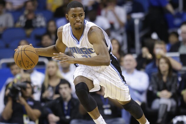 Orlando Magic's Maurice Harkless moves the ball against the Dallas Mavericks during the second half of an NBA basketball game, Saturday, Jan. 31, 2015, in Orlando, Fla.  Dallas won 108-93. (AP Photo/John Raoux)