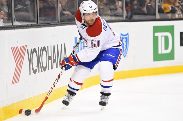BOSTON, MA - FEBRUARY 08: David Desharnais #51 of the Montreal Canadiens skates against the Boston Bruins at the TD Garden on February 8, 2015 in Boston, Massachusetts.  (Photo by Brian Babineau/NHLI via Getty Images)