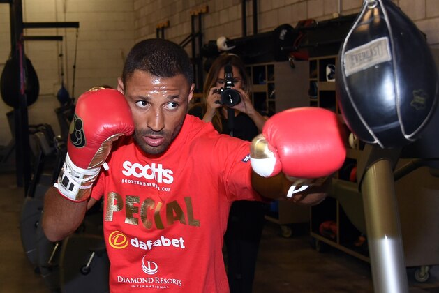 LAS VEGAS, NV - AUGUST 06:  Boxer Kell Brook hits a bag during a media workout at Barry's Gym on August 6, 2014 in Las Vegas, Nevada. Brook will challenge Shawn Porter for his IBF welterweight championship in Carson, California on August 16.  (Photo by Ethan Miller/Getty Images)