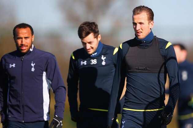 ENFIELD, ENGLAND - FEBRUARY 18:  (L-R) Andros Townsend , Ryan Mason and Harry Kane of Spurs during a training session ahead of the UEFA Europa League round of 32 first leg match against Fiorentina at Enfield Training Centre on February 18, 2015 in Enfield, United Kingdom.  (Photo by Paul Gilham/Getty Images)