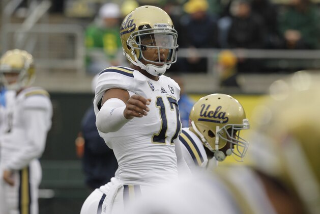 UCLA quarterback Brett Hundley is shown before an NCAA college football game against Oregon in Eugene, Ore., Saturday, Oct. 26, 2013. (AP Photo/Don Ryan)