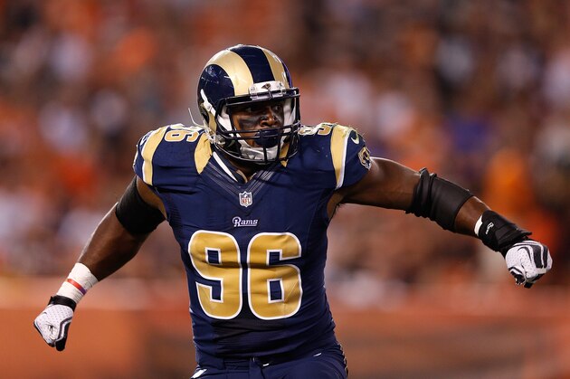 CLEVELAND, OH - AUGUST 23:  Michael Sam #96 of the St. Louis Rams reacts after sacking Johnny Manziel #2 of the Cleveland Browns during the fourth quarter at FirstEnergy Stadium on August 23, 2014 in Cleveland, Ohio.  (Photo by Joe Robbins/Getty Images)