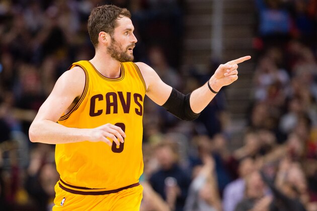 CLEVELAND, OH - FEBRUARY 8: Kevin Love #0 of the Cleveland Cavaliers celebrates after scoring during the first half against the Los Angeles Lakers at Quicken Loans Arena on February 8, 2015 in Cleveland, Ohio. NOTE TO USER: User expressly acknowledges and agrees that, by downloading and or using this photograph, User is consenting to the terms and conditions of the Getty Images License Agreement. (Photo by Jason Miller/Getty Images)