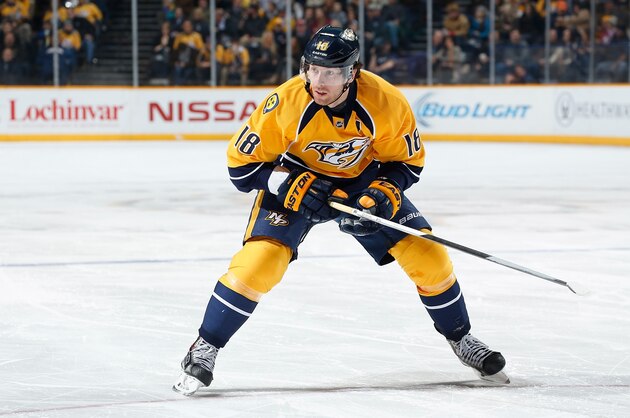 NASHVILLE, TN - FEBRUARY 12: James Neal #18 of the Nashville Predators skates against the Winnipeg Jets during an NHL game at Bridgestone Arena on February 12, 2015 in Nashville, Tennessee. (Photo by John Russell/NHLI via Getty Images)