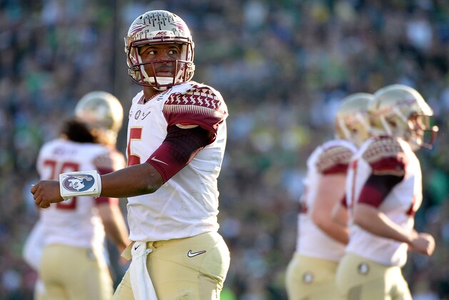 PASADENA, CA - JANUARY 01:  Quarterback Jameis Winston #5 of the Florida State Seminoles reacts to a play against the Oregon Ducks during the College Football Playoff Semifinal at the Rose Bowl Game presented by Northwestern Mutual at the Rose Bowl on January 1, 2015 in Pasadena, California.  (Photo by Harry How/Getty Images)