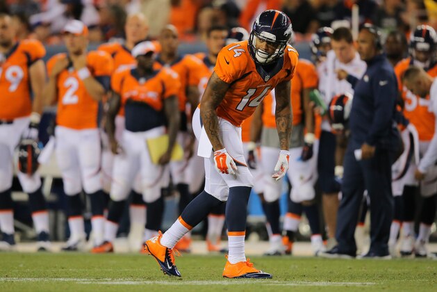 DENVER, CO - AUGUST 07:  Wide receiver Cody Latimer #14 of the Denver Broncos lines up at wide receiver against the Seattle Seahawks during preseason action at Sports Authority Field at Mile High on August 7, 2014 in Denver, Colorado.  (Photo by Doug Pensinger/Getty Images)