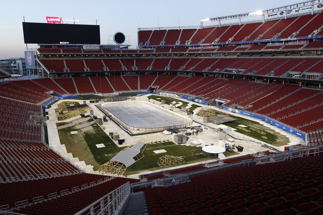 SANTA CLARA, CA - FEBRUARY 14: The installation of the rink for the 2015 Coors Light NHL Stadium series continues at Levi Stadium on February 14, 2015 in Santa Clara, California.The 2015 Coors Light NHL Stadium Series will take place on February 21 with the San Jose Sharks playing the Los Angeles Kings. (Photo by Rocky Widner/NHLI via Getty Images)