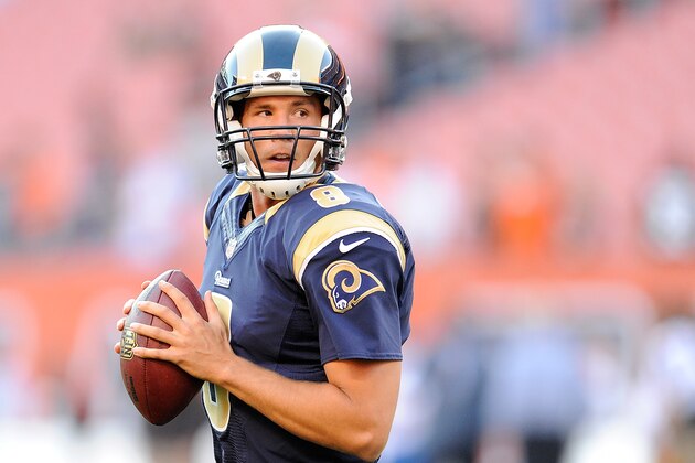 CLEVELAND, OH - AUGUST 23:  Sam Bradford #8 of the St. Louis Rams warms up prior to the preseason game against the Cleveland Browns at FirstEnergy Stadium on August 23, 2014 in Cleveland, Ohio.  (Photo by Joe Sargent/Getty Images)
