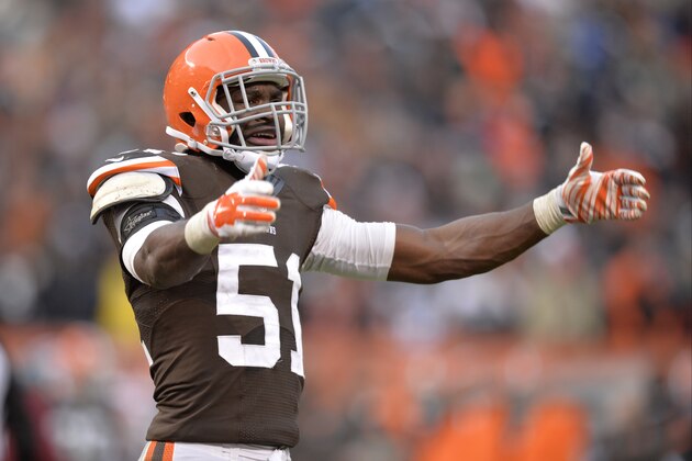 Cleveland Browns outside linebacker Barkevious Mingo reacts during an NFL football game against the Indianapolis Colts Sunday, Dec. 7, 2014, in Cleveland. The Colts won 25-24. (AP Photo/David Richard)
