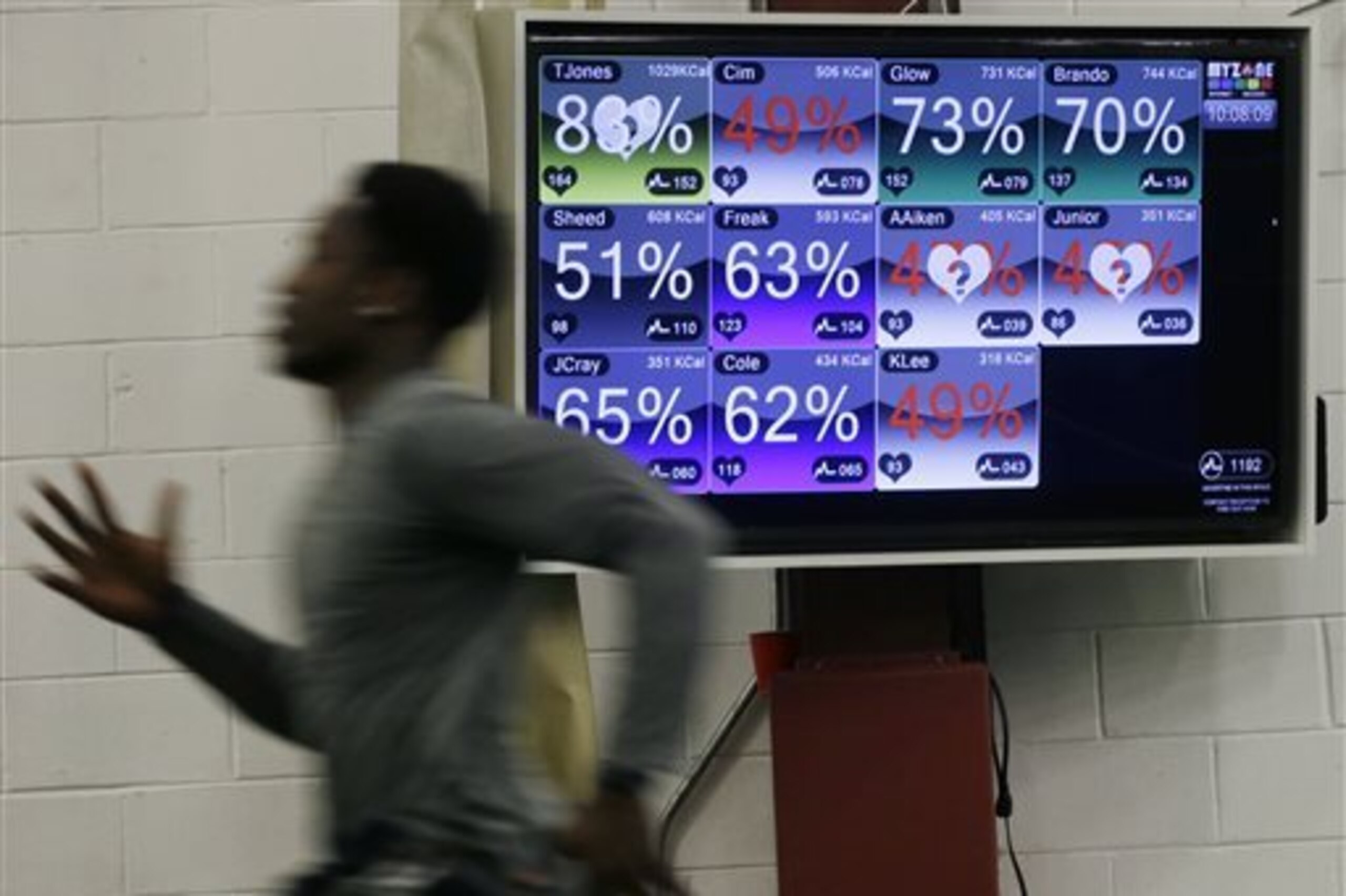 CORRECTS THE NAME TO TEST FOOTBALL ACADEMY, NOT PARISI TEST FOOTBALL ACADEMY AS ORIGINALLY SENT - In this Feb. 16, 2015, photo a college football player runs near a large screen displaying data from monitors attached to each player at TEST Football Academy in Martinsville, N.J. Players are training at the facility for the NFL scouting combine in Indianapolis this week. (AP Photo/Mel Evans)