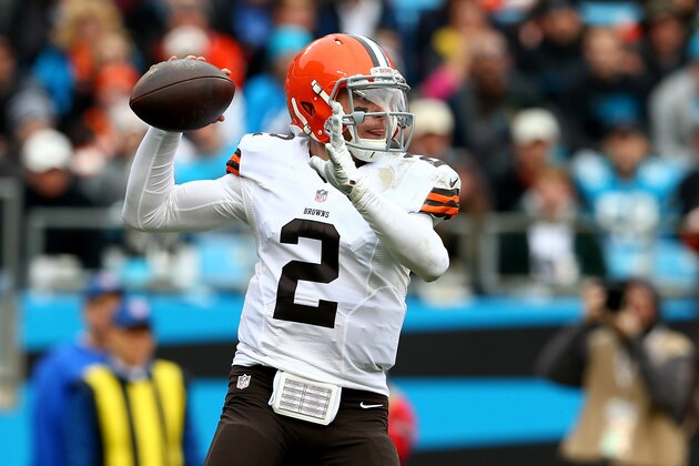 CHARLOTTE, NC - DECEMBER 21:  Johnny Manziel #2 of the Cleveland Browns drops back to pass against the Carolina Panthers in the 2nd quarter during their game at Bank of America Stadium on December 21, 2014 in Charlotte, North Carolina.  (Photo by Streeter Lecka/Getty Images)