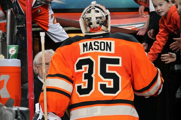 PHILADELPHIA, PA - JANUARY 31:  Steve Mason #35 of the Philadelphia Flyers heads back to the locker room after shutting out the Toronto Maple Leafs 1-0 on January 31, 2015 at the Wells Fargo Center in Philadelphia, Pennsylvania.  (Photo by Len Redkoles/NHLI via Getty Images)