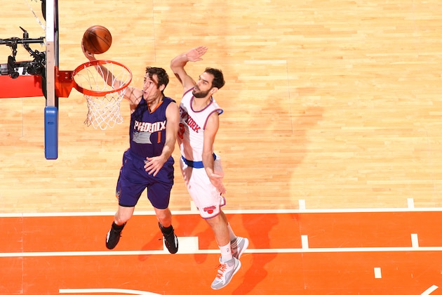 NEW YORK, NY - DECEMBER 20:  Goran Dragic #1 of the Phoenix Suns shoots the ball against the New York Knicks during the game on December 20, 2014 at Madison Square Garden in New York City, New York.  NOTE TO USER: User expressly acknowledges and agrees that, by downloading and or using this photograph, User is consenting to the terms and conditions of the Getty Images License Agreement. Mandatory Copyright Notice: Copyright 2014 NBAE  (Photo by Nathaniel S. Butler/NBAE via Getty Images)