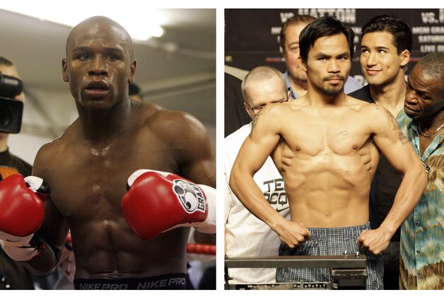 FILE - In this combination of file photos, U.S. boxer Floyd Mayweather Jr., left, prepares to spar at a gym in east London on May 22, 2009, and Manny Pacquiao, right, of the Philippines, weighs in for the junior welterweight boxing match against British boxer Ricky Hatton, May 1, 2009, in Las Vegas. The March 13 , 2010 megafight between Manny Pacquiao and Floyd Mayweather Jr. has been thrown into jeopardy. Mayweather's camp is demanding the fighters submit to Olympic-type drug testing in the weeks leading up to the bout. Leonard Ellerbe, Mayweather's manager, says the fight will not go on if Pacquiao doesn't agree to blood testing under standards followed by the United States Anti-Doping Agency. (AP Photos/Alastair Grant and Rick Bowmer, File)
