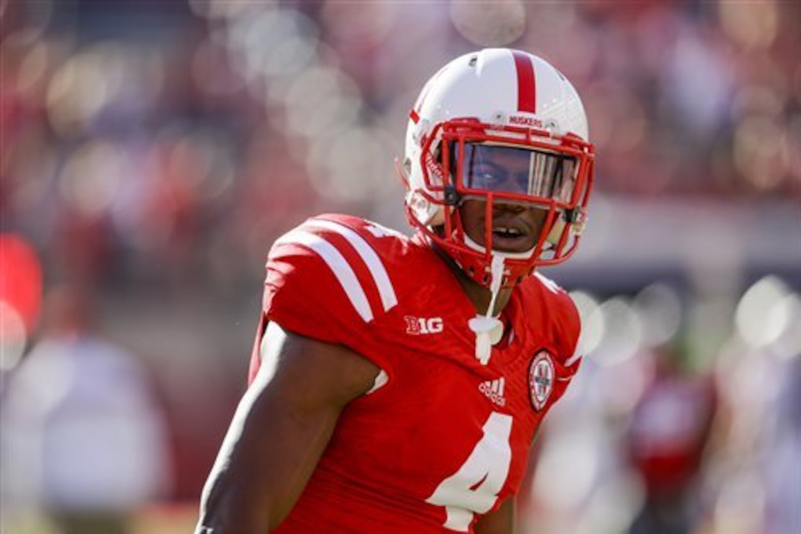 FILE - In this Oct. 25, 2014 file photo, Nebraska defensive end Randy Gregory (4) warms up before an NCAA college football game against Rutgers in Lincoln, Neb. Gregory is projected to be a high first-round pick in the NFL draft but knows he has much to prove, starting at the scouting combine in two weeks. (AP Photo/Nati Harnik, File)