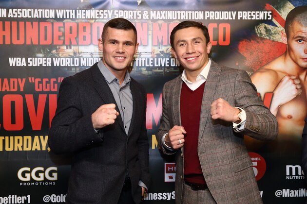 LONDON, ENGLAND - DECEMBER 04:  Martin Murray and Gennady Golovkin pose for a photo during the press conference for the upcoming fight between Martin Murray and Gennady Golovkin on December 4, 2014 in London, England.  (Photo by Jordan Mansfield/Getty Images)