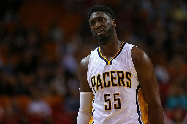 MIAMI, FL - JANUARY 23: Roy Hibbert #55 of the Indiana Pacers reacts to a play during a game against the Miami Heat at American Airlines Arena on January 23, 2015 in Miami, Florida. NOTE TO USER: User expressly acknowledges and agrees that, by downloading and/or using this photograph, user is consenting to the terms and conditions of the Getty Images License Agreement. Mandatory copyright notice:  (Photo by Mike Ehrmann/Getty Images)