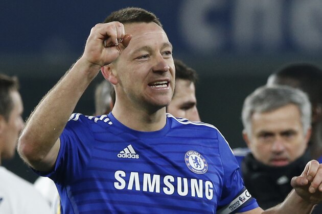 Chelsea's John Terry gestures to the crowd at the end of the English Premier League soccer match between Chelsea and Everton at Stamford Bridge stadium in London, Wednesday, Feb. 11, 2015. Chelsea won the game 1-0. (AP Photo/Alastair Grant)