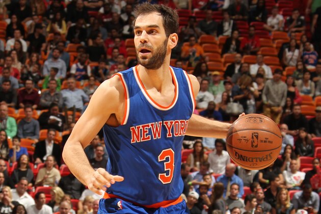 MIAMI, FL - FEBRUARY 9: Jose Calderon #3 of the New York Knicks handles the ball against the Miami Heat on February 9, 2015 at American Airlines Arena in Miami, Florida. NOTE TO USER: User expressly acknowledges and agrees that, by downloading and or using this Photograph, user is consenting to the terms and conditions of the Getty Images License Agreement. Mandatory Copyright Notice: Copyright 2015 NBAE (Photo by Isaac Baldizon/NBAE via Getty Images)